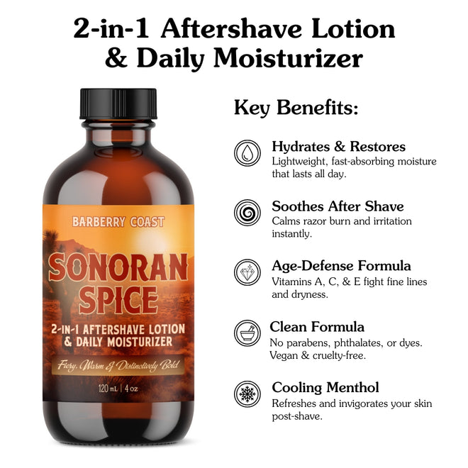 Bottle of Sonoran Spice 2-in-1 Aftershave Lotion & Daily Moisturizer with key benefits listed on a white background.