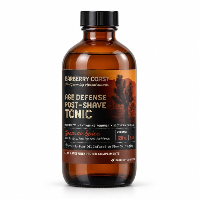 Barberry Coast Sonoran Spice Age Defense Tonic in a 4 oz amber bottle with a black cap, desert landscape label and rust-red accent band, on a white background.