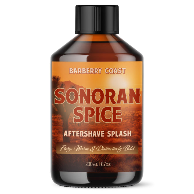 Bottle of Sonoran Spice aftershave splash with a desert-themed label on a white background