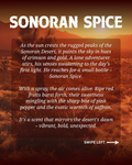 Desert landscape with Sonoran Spice fragrance story text overlay