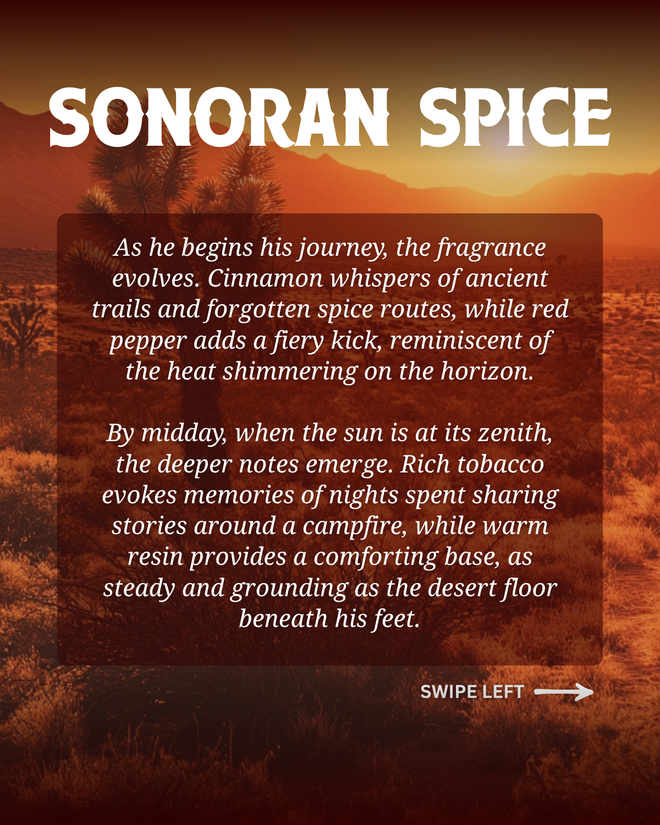 Desert landscape with Sonoran Spice fragrance story text overlay
