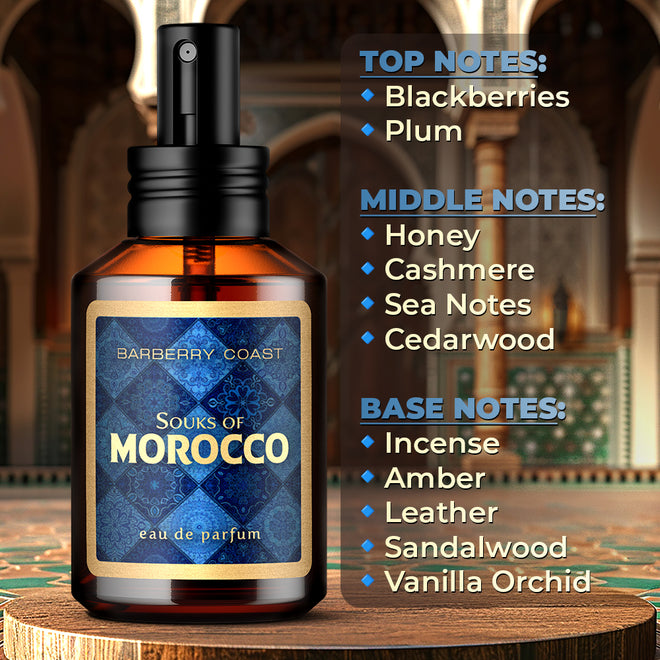 A bottle of Souks of Morocco Eau de Parfum cologne by Barberry Coast with a Moroccan themed background and a graphic depicting the top, middle and base notes of this fragrance. Blackberries, plum, honey, cashere, sear notes, cedarwood, incense, amber, leather, sandalwood, vanilla orchid.