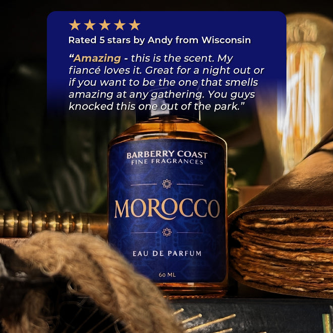 Barberry Coast Morocco Eau de Parfum bottle with a five-star review on a dark background