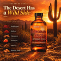 Barberry Coast Sonoran Spice Aftershave Splash in a 4 oz amber glass bottle against a fiery Sonoran Desert sunset with saguaro cacti. Headline reads “The Desert Has a Wild Side,” highlighting six bold fragrance notes: pink pepper, saffron, cinnamon, habanero, tobacco, and benzoin resin.