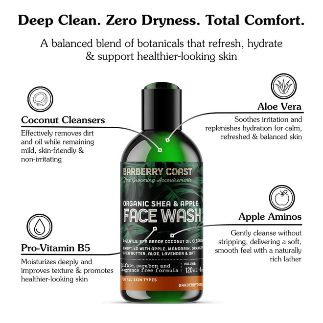 Barberry Coast face wash bottle with product features on a white background