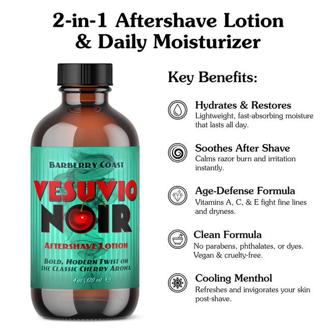 A bottle of Vesuvio Noir Aftershave Lotion with a label that features an image of a cherry and text detailing the product name and description on a white background with list of key benefits