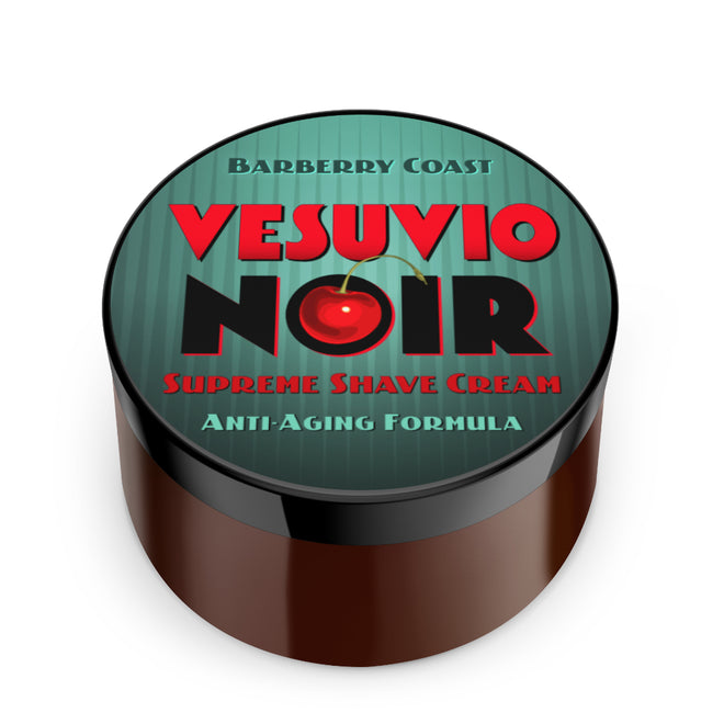 Vesuvio Noir shaving cream container with cherry illustration on a white background, by Barberry Coast