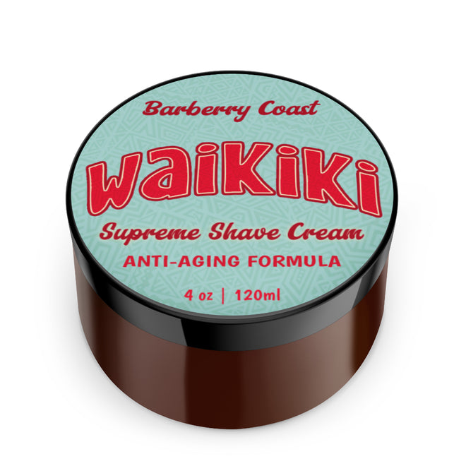 Waikiki Supreme Shave Cream aniti-aging container by Barberry Coast with a white background