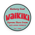 Waikiki Supreme Shave Cream container with red text on a light blue background
