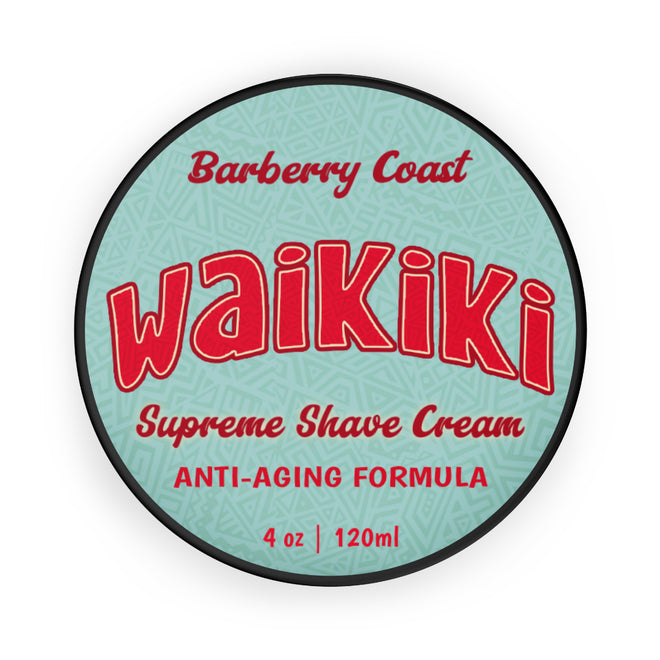 Waikiki Supreme Shave Cream container with red text on a light blue background