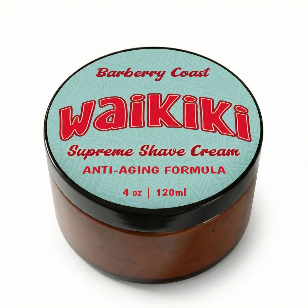 Waikiki Supreme Shave Cream aniti-aging container by Barberry Coast with a white background
