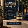 Barberry Coast LX9 Age Defense Power Serum on a stone vanity with green and gold accents, highlighting benefits to hydrate, smooth uneven texture, and brighten the appearance of skin.