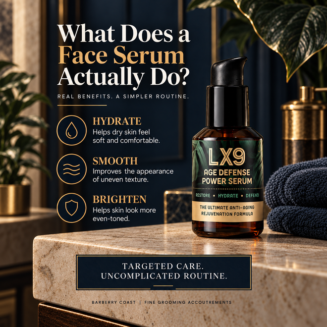 Barberry Coast LX9 Age Defense Power Serum on a stone vanity with green and gold accents, highlighting benefits to hydrate, smooth uneven texture, and brighten the appearance of skin.