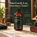 Barberry Coast Solaro Age Defense Post-Shave Tonic bottle on a warm stone vanity with green and brass accents. Graphic explains three benefits: refreshes like an aftershave splash, conditions skin with prickly pear oil, and combines splash and lightweight skin care in one bottle.