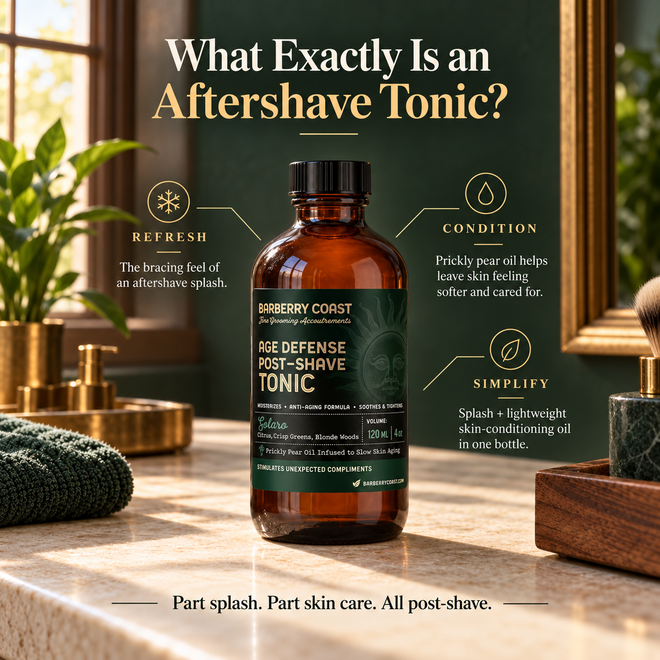 Barberry Coast Solaro Age Defense Post-Shave Tonic bottle on a warm stone vanity with green and brass accents. Graphic explains three benefits: refreshes like an aftershave splash, conditions skin with prickly pear oil, and combines splash and lightweight skin care in one bottle.