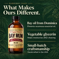 Barberry Coast Bay Rum Aftershave Splash in an amber bottle against a forest-green background, with the headline “Real Bay Rum. Done Right.” and highlights of authentic bay oil, small-batch craft and timeless character.