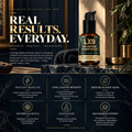 Barberry Coast LX9 Age Defense Power Serum in a luxury navy and marble setting with six highlighted benefits: instant hydration and smoothness, long-lasting moisture, antioxidant defense, soothing care, clean formulation, and skin barrier support.