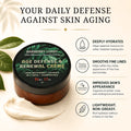 Barberry Coast Age Defense & Renewal Creme 50ml jar on a beige background with descriptive text callouts about hydration, fine line smoothing, skin appearance improvement, and lightweight non-greasy texture.
