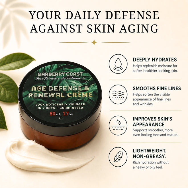 Barberry Coast Age Defense & Renewal Creme 50ml jar on a beige background with descriptive text callouts about hydration, fine line smoothing, skin appearance improvement, and lightweight non-greasy texture.