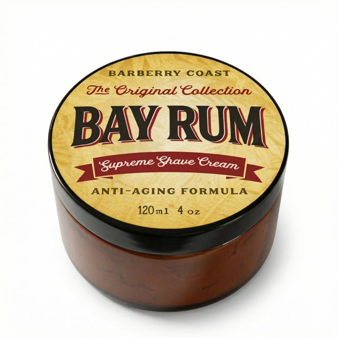 Jar of Bay Rum Supreme Shave Cream with a yellow label on a white background