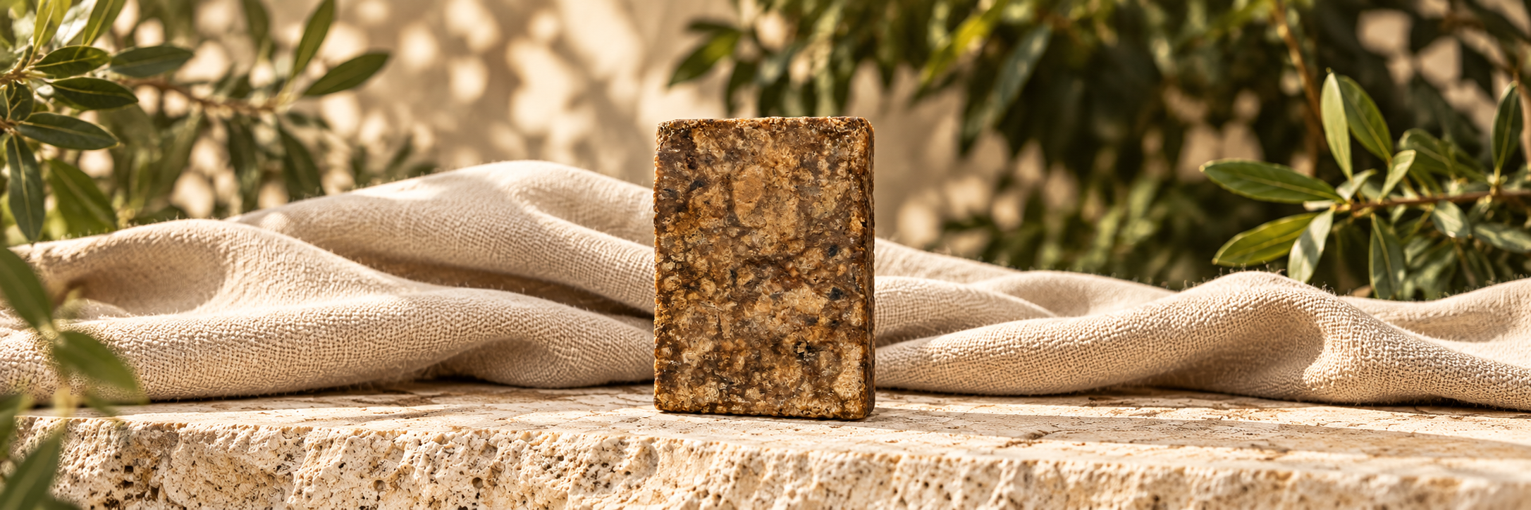 Raw African Black Soap centered on limestone with linen and foliage extending to either side.