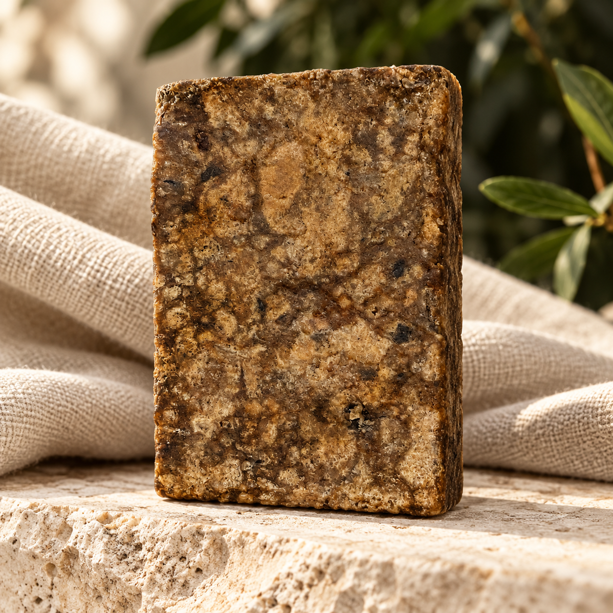 Rustic brown African Black Soap on limestone beside folded linen.