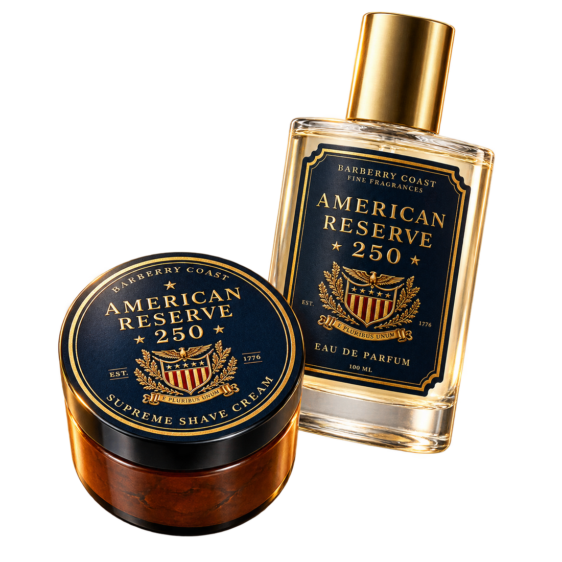 American Reserve 250 Eau de Parfum and Supreme Shave Cream floating together