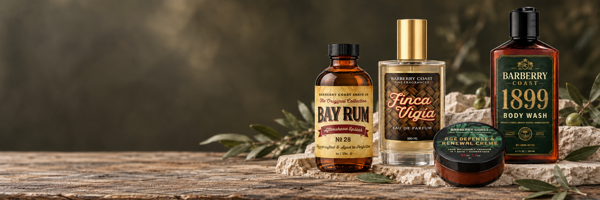 Bay Rum splash and Finca Vigía cologne with naturally translucent liquid