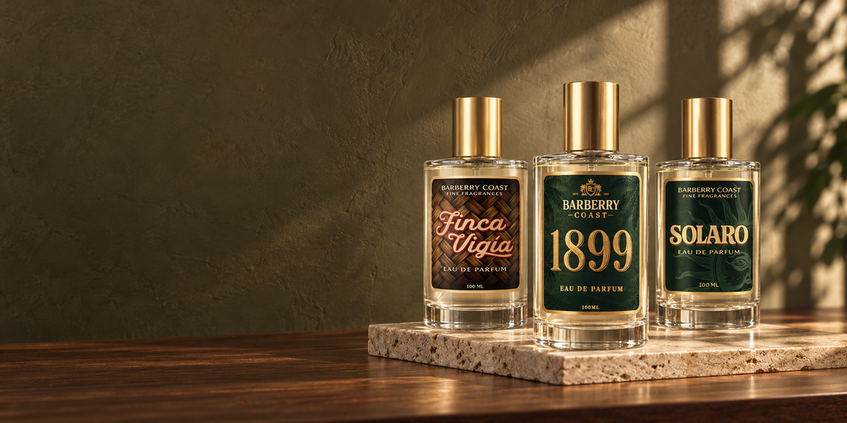 Finca Vigía, 1899 and Solaro Eau de Parfum bottles on a walnut console