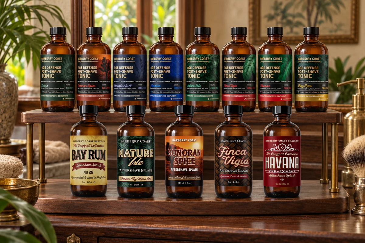 Barberry Coast 8 oz Splashes and Tonics on a two-tier wooden display