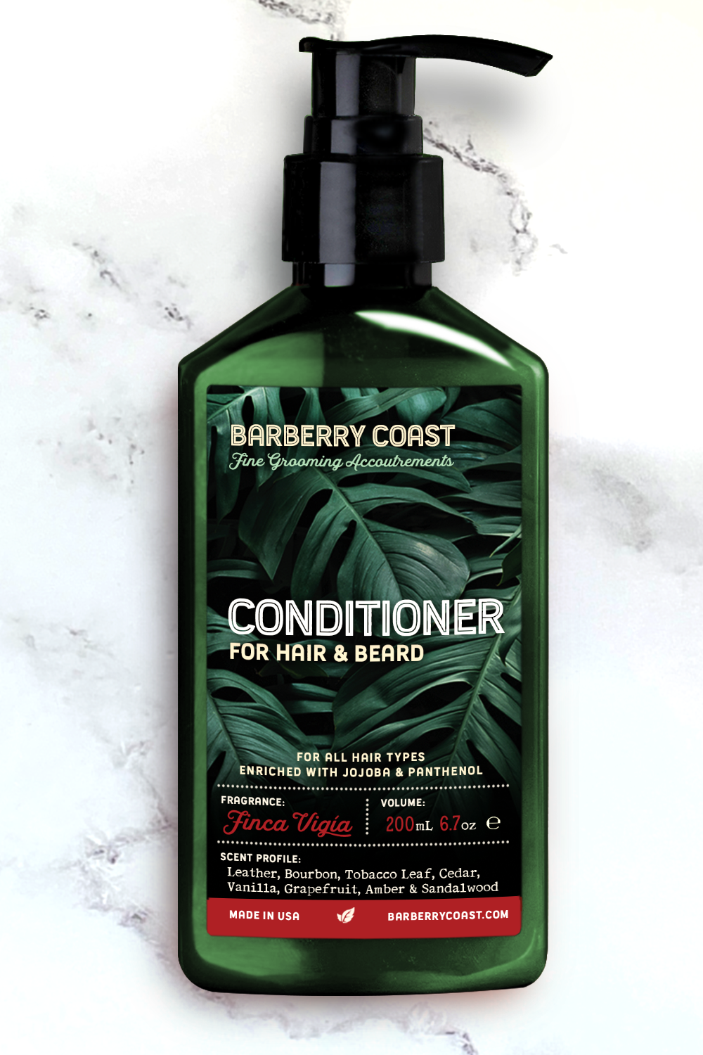Barberry Coast Finca Vigia conditioner bottle on a marble background