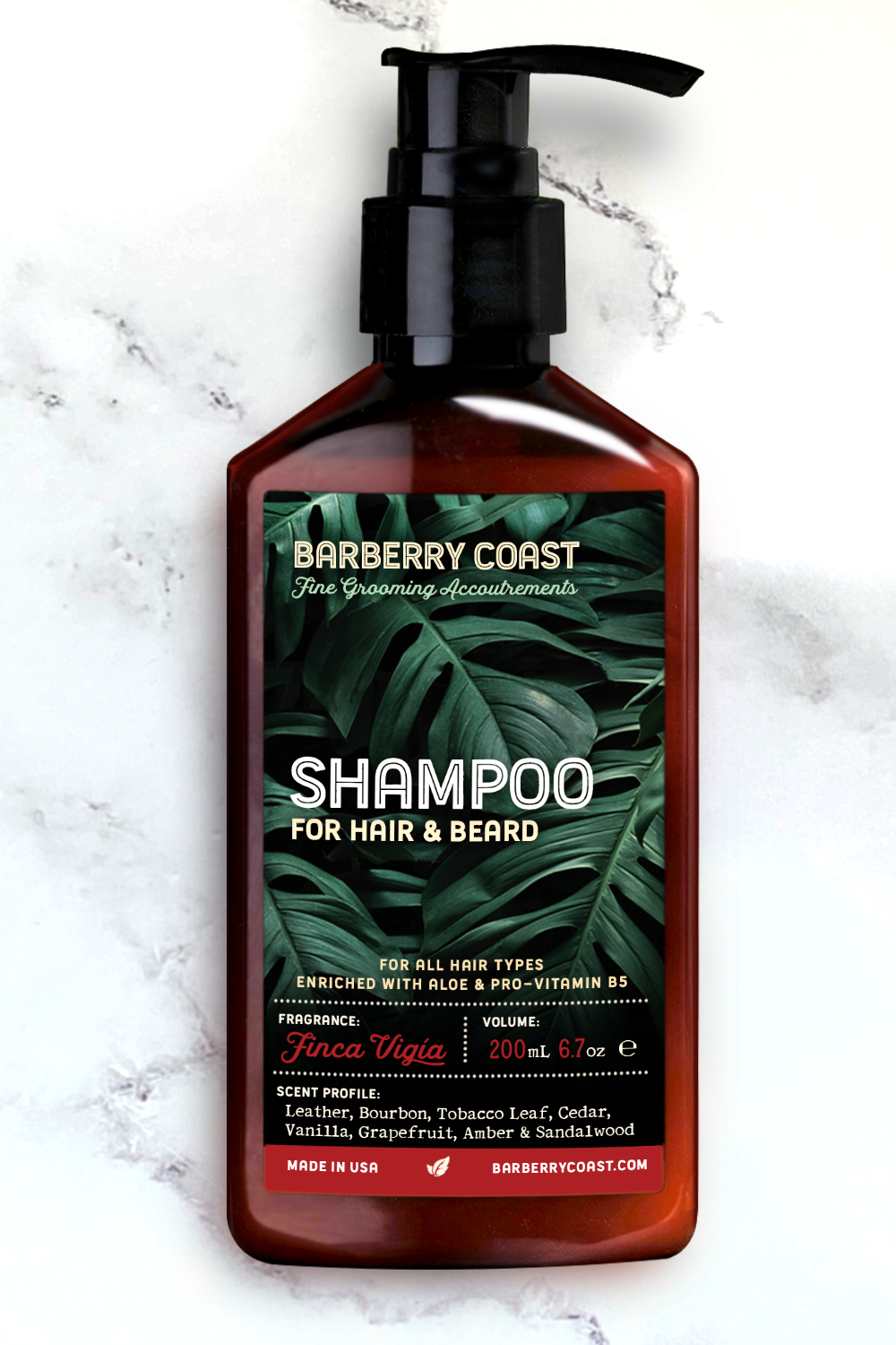 Barberry Coast Finca Vigia shampoo bottle for hair and beard on a marble background