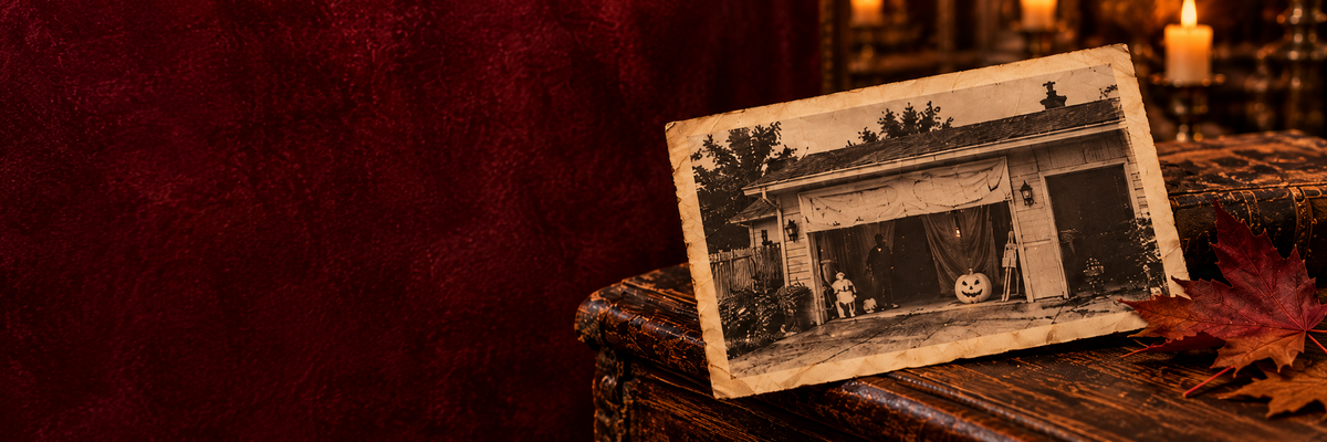 Illustrated vintage haunted garage on a candlelit tabletop.