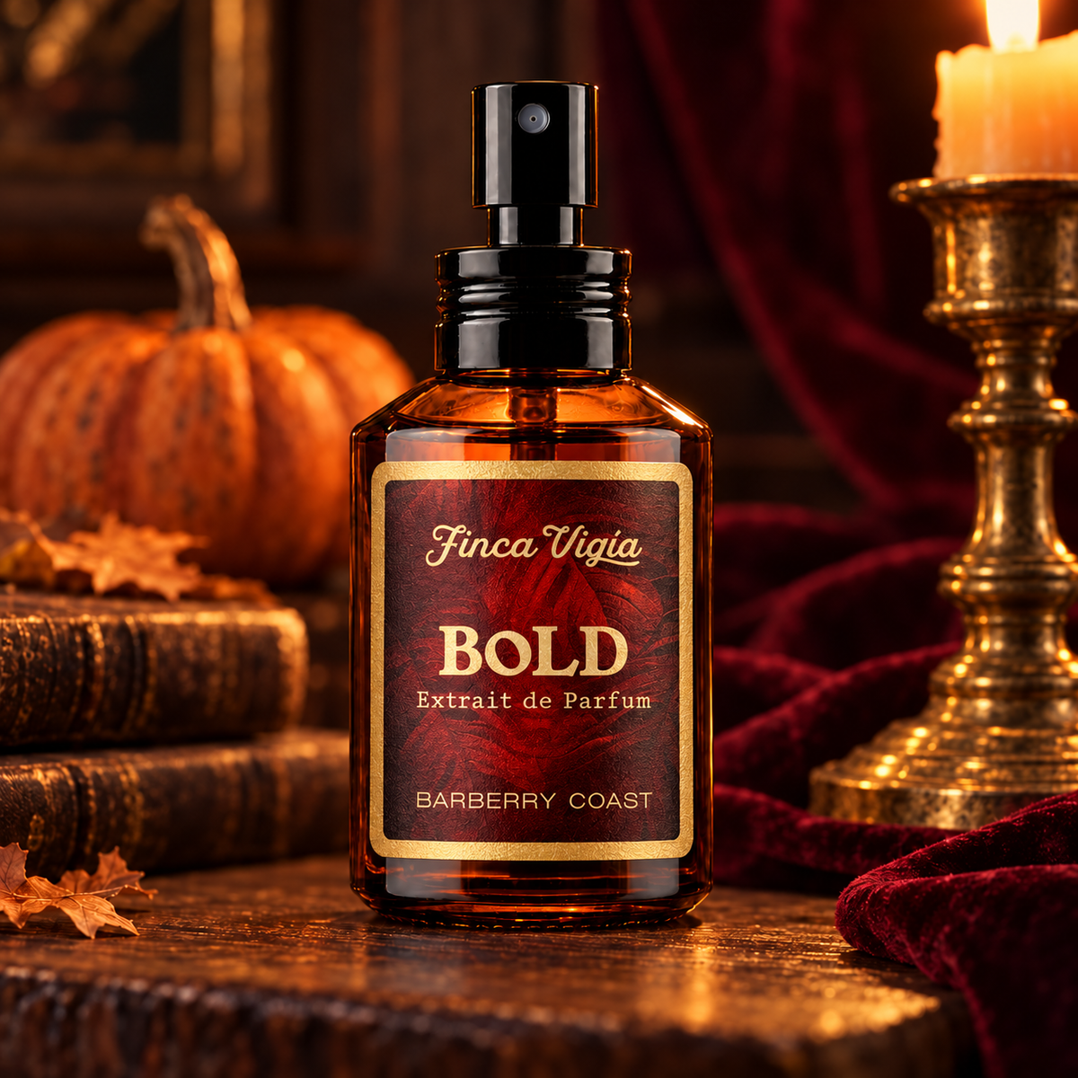 Finca Vigía Bold fragrance bottle beside a candle and pumpkin.