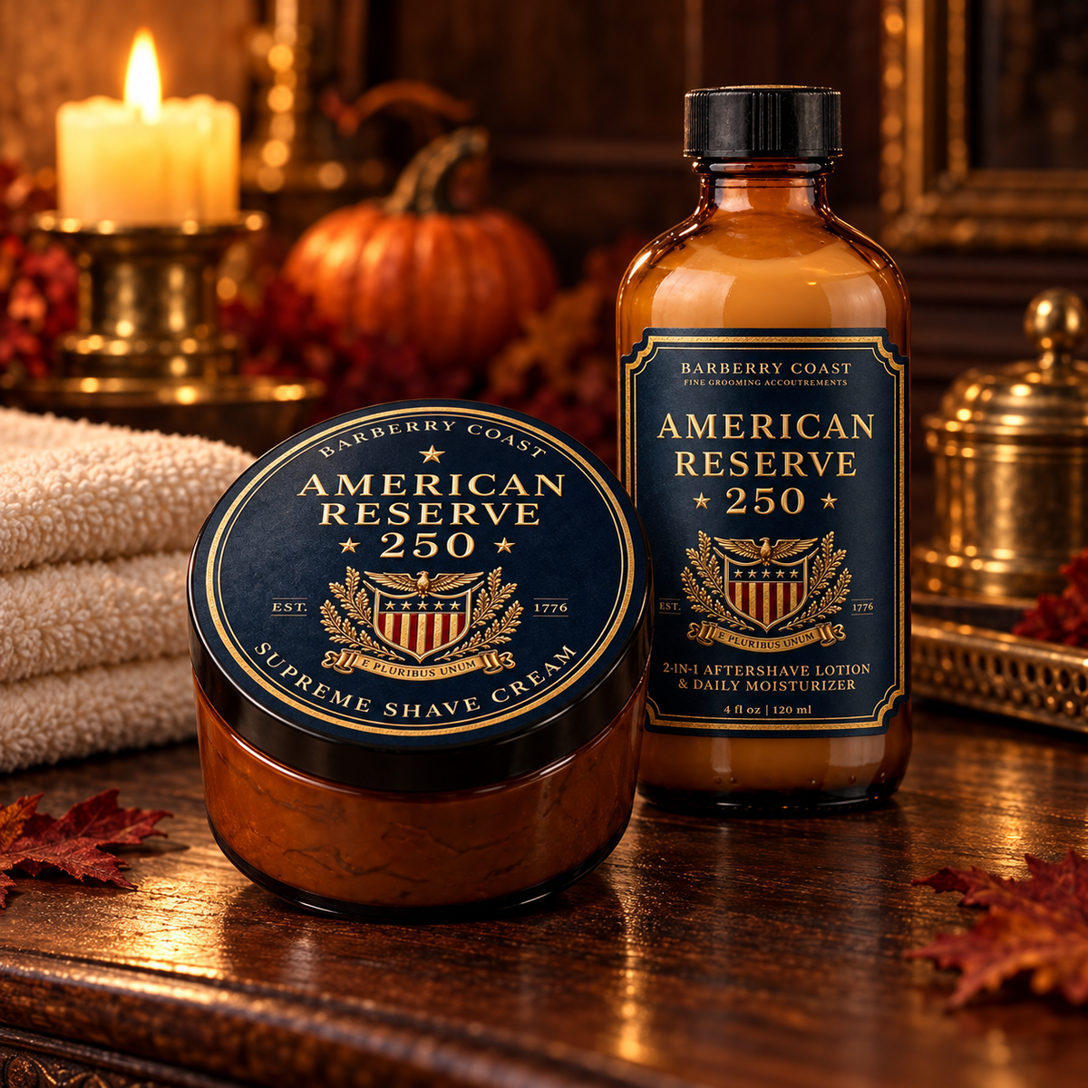 American Reserve 250 shave cream and aftershave lotion in a candlelit scene.