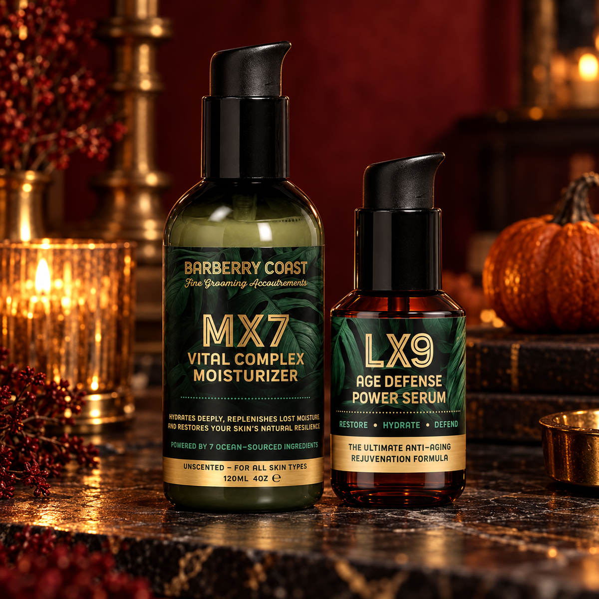 Barberry Coast moisturizer and serum bottles in a candlelit scene.