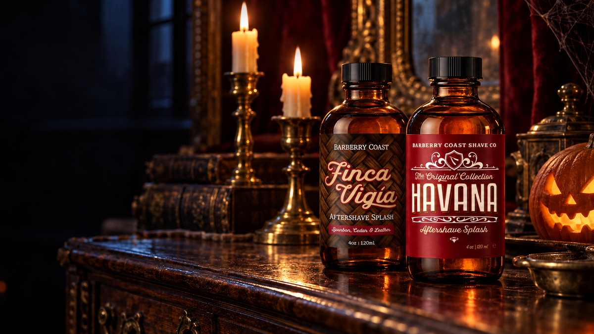 Finca Vigía and Havana aftershave splashes on a candlelit tabletop.