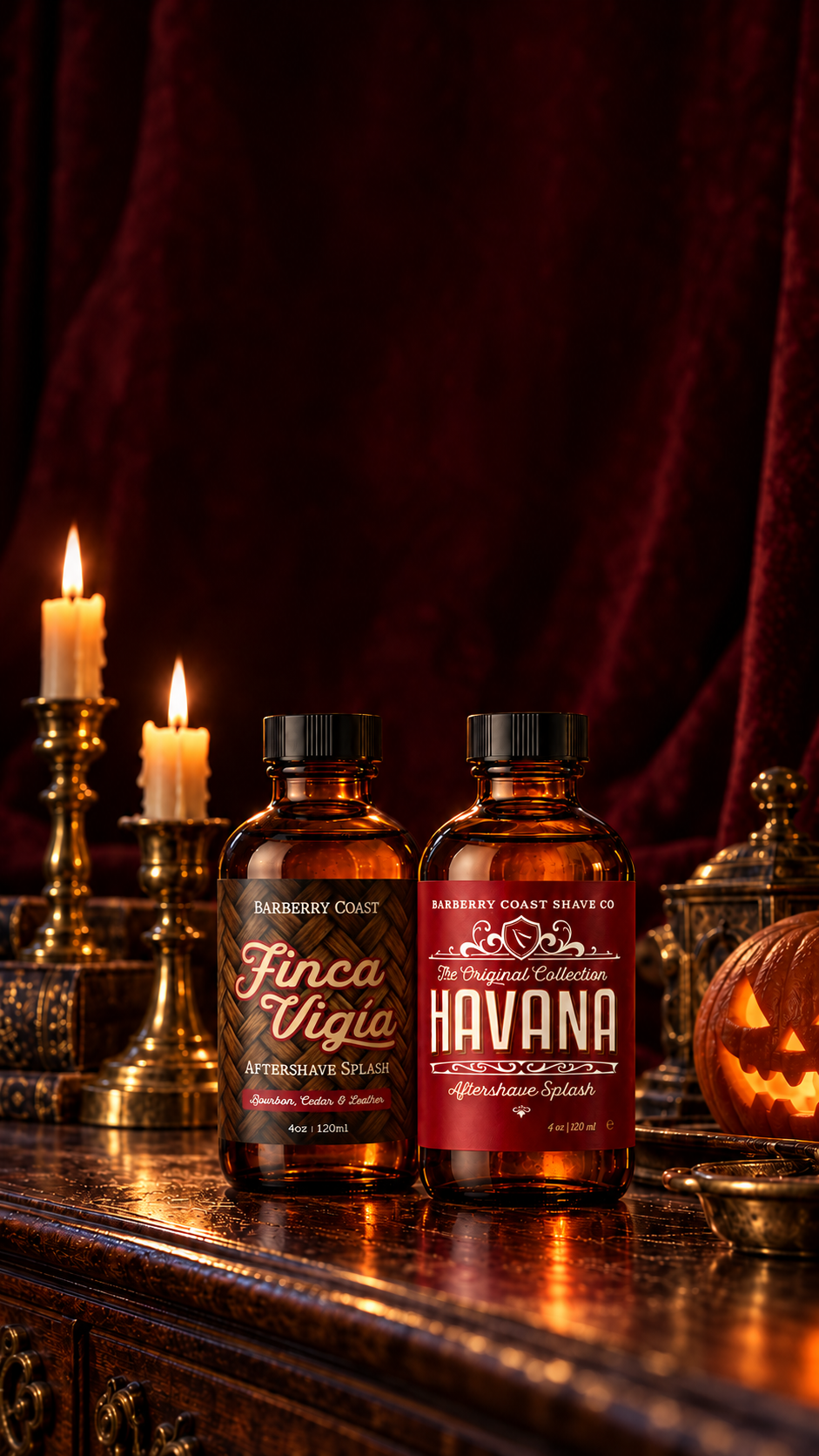 Finca Vigía and Havana aftershave splashes on a candlelit tabletop.