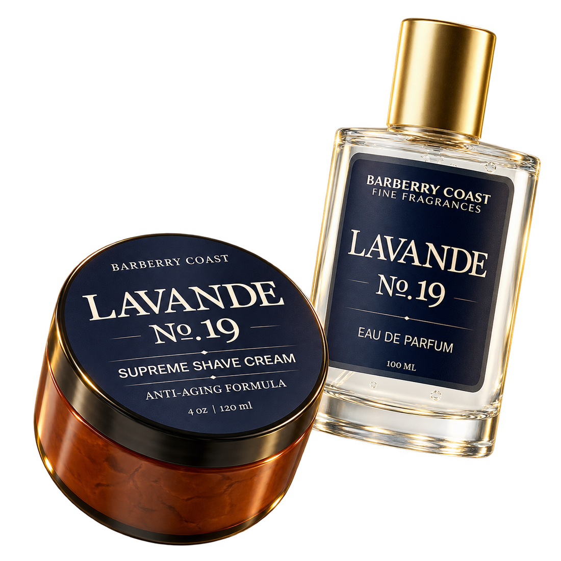Lavande No. 19 Eau de Parfum and Supreme Shave Cream floating together