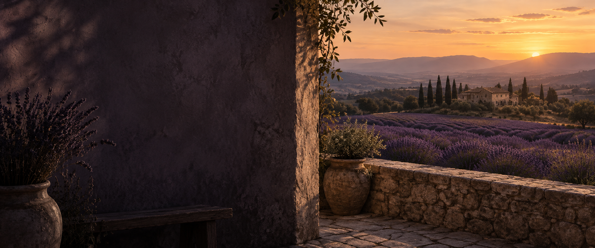 Lavender fields and French countryside in evening light