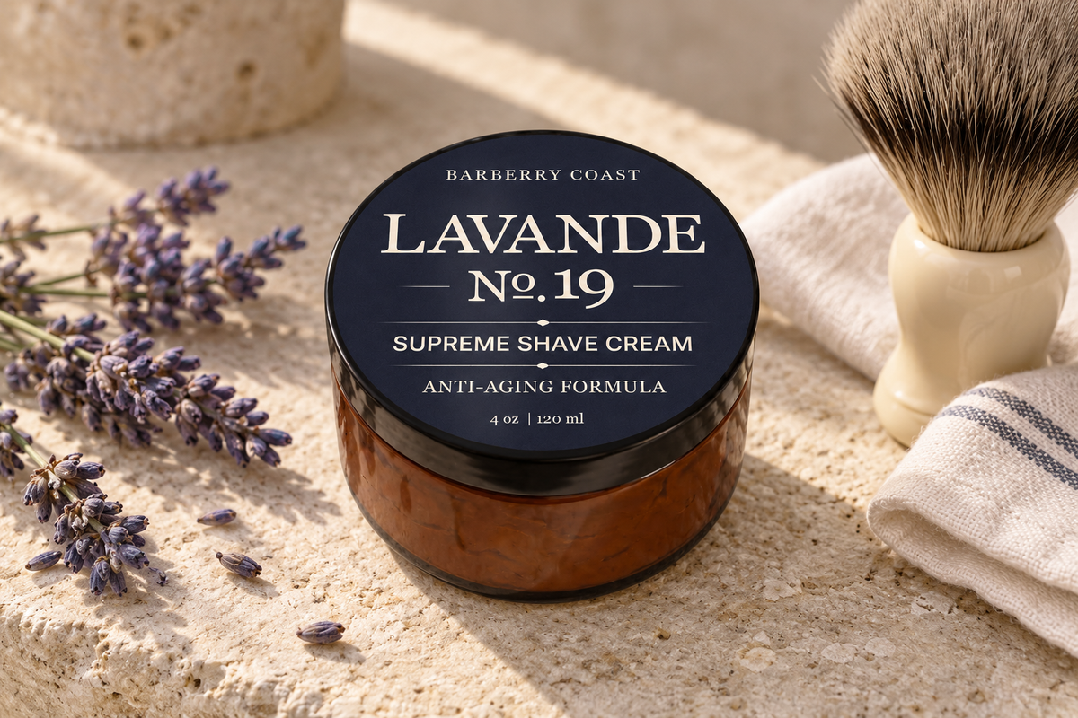 Lavande No. 19 Supreme Shave Cream on limestone with lavender and a shaving brush