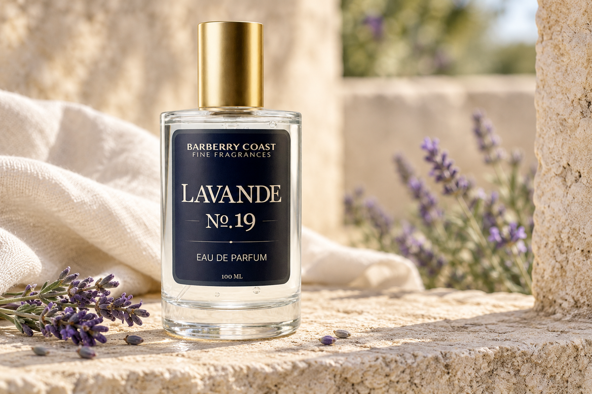 Lavande No. 19 Eau de Parfum on sunlit limestone beside lavender