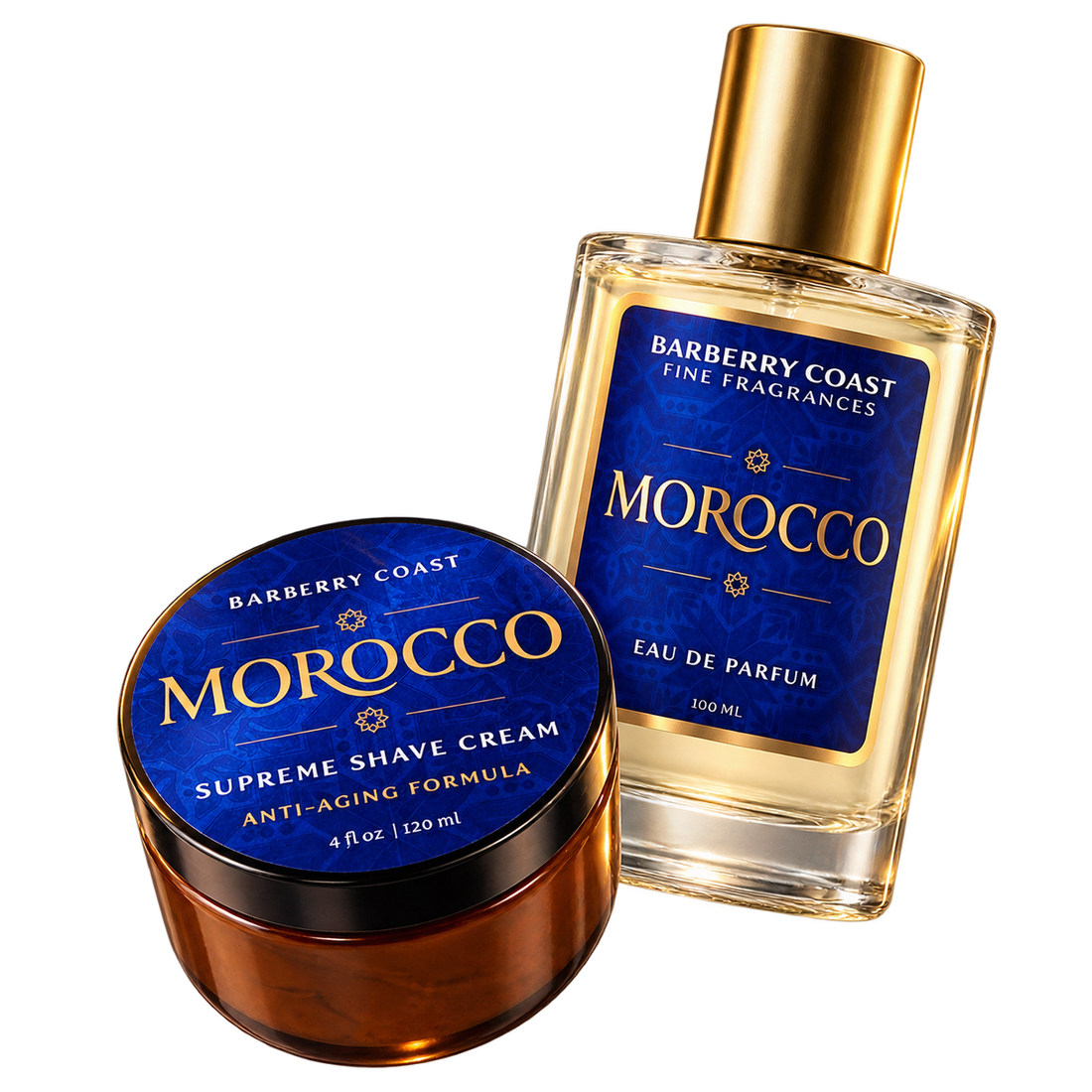 Morocco Eau de Parfum and Supreme Shave Cream floating together