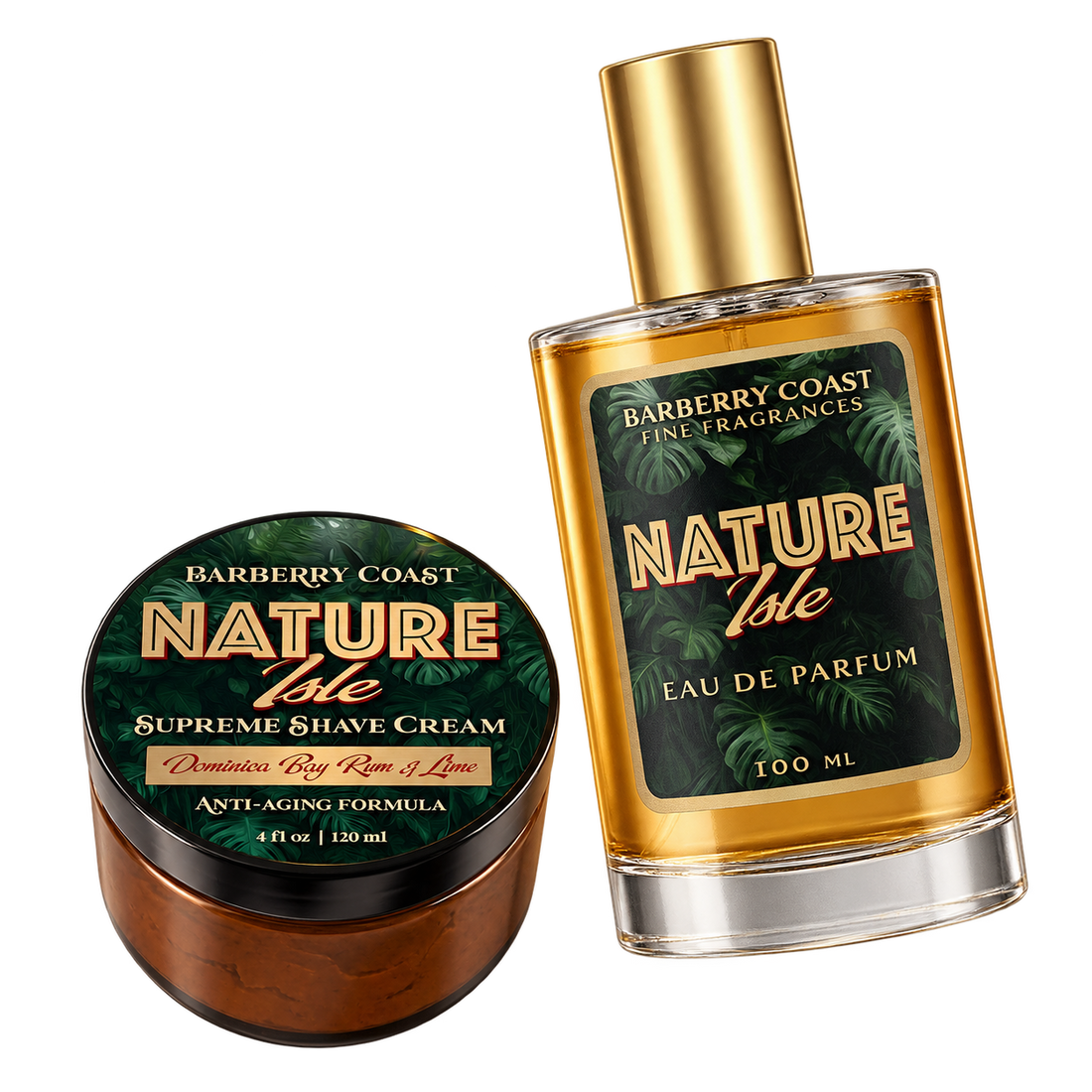 Nature Isle eau de parfum and Supreme Shave Cream floating with no background