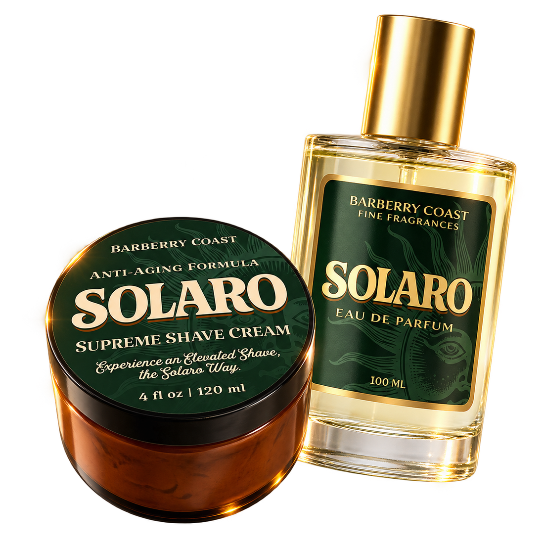 Solaro Eau de Parfum and Supreme Shave Cream floating together