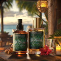 Two bottles of St. Lucia eau de parfum cologne on a wooden surface with a tropical background.