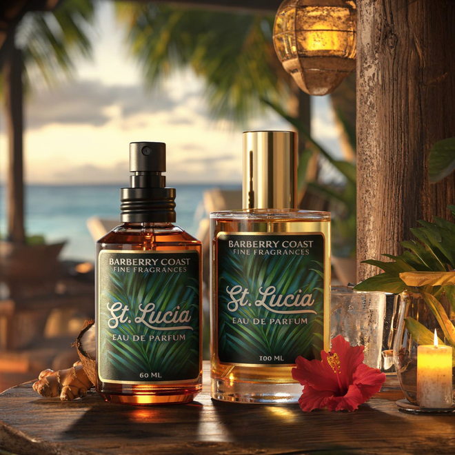 Two bottles of St. Lucia eau de parfum cologne on a wooden surface with a tropical background.