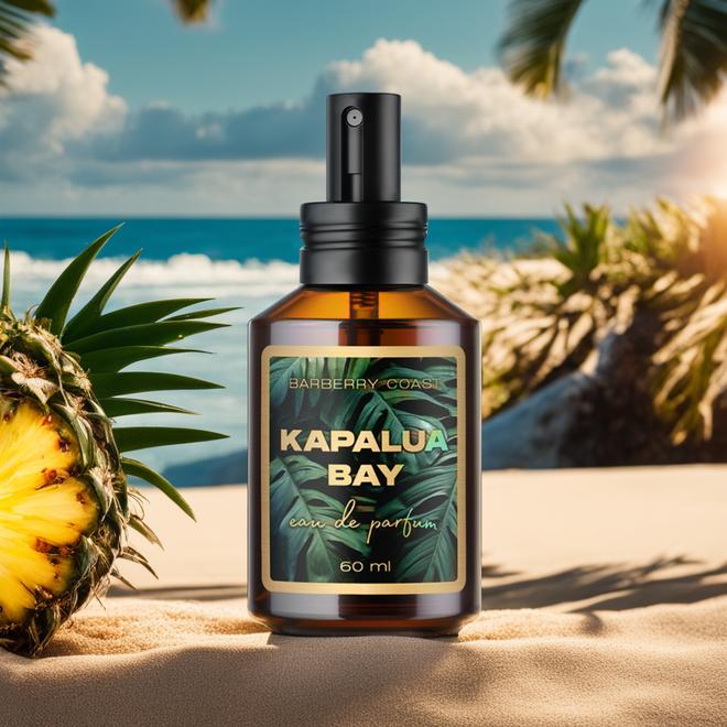 A bottle of Kapalua Bay Eau de Parfum Cologne resting on beach sand surrounded by palm trees and a pineapple with the ocean in the background and clouds in the sky.