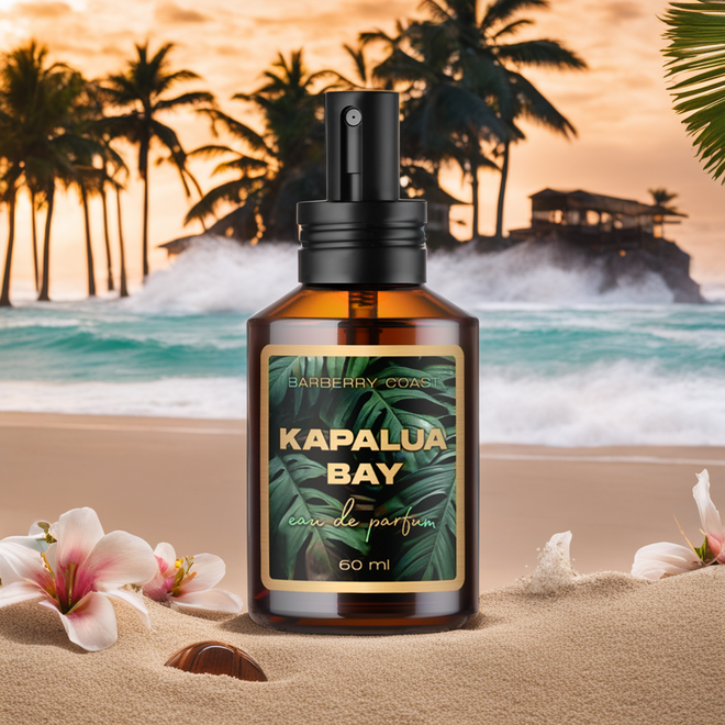 A bottle of Kapalua Bay cologne by Barberry Coast in the sand surrounded by Hawaiian flowers with crashing waves and palm trees in the background.