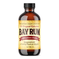 Bay Rum Aftershave Balm Lotion with Authentic Dominica Bay Leaf Oil (Pimenta Racemosa). Enhanced with a cooling touch of menthol. Standard 4oz amber bottle with reducer on a white background.